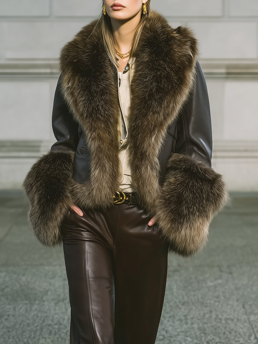 Power Dressing Cropped Eco-friendly Leather Jacket With Wide Faux Fur Collar & Cuffs