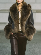 Power Dressing Cropped Eco-friendly Leather Jacket With Wide Faux Fur Collar & Cuffs