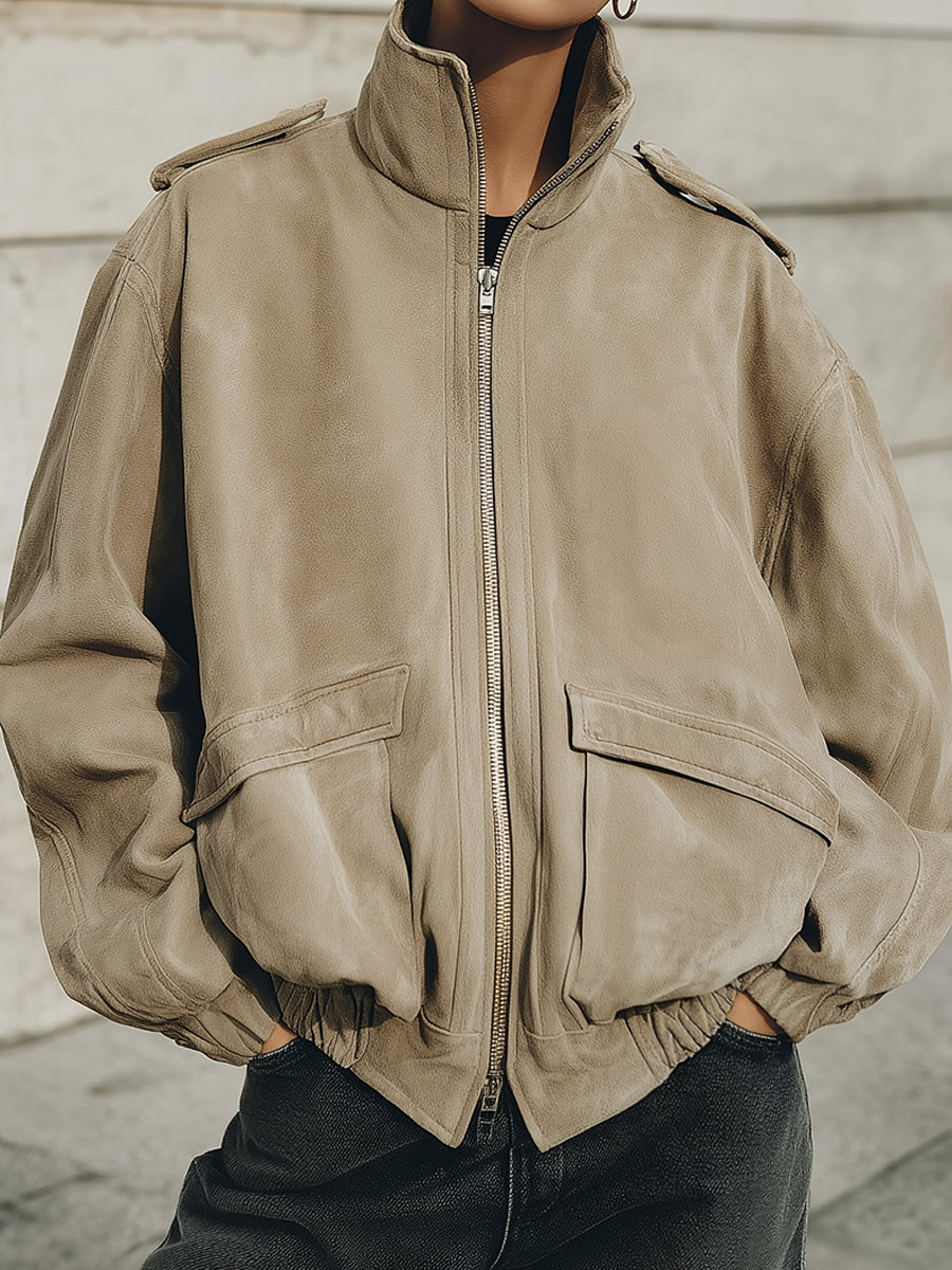 90s Minimalism Revival Eco-friendly Suede Stand Collar Loose Jacket