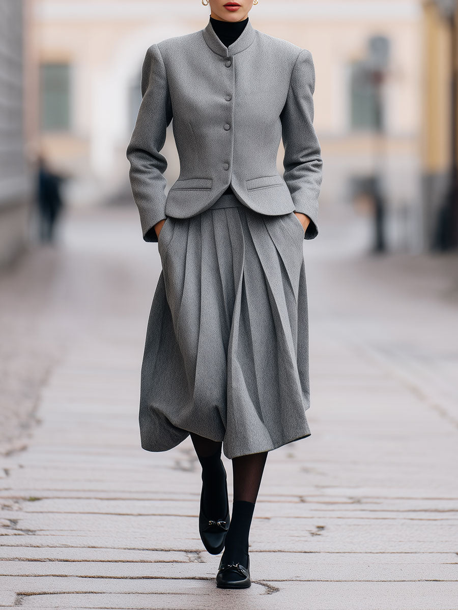 Minimalist Woolen Stand-collar Jacket & Pleated Skirt Set