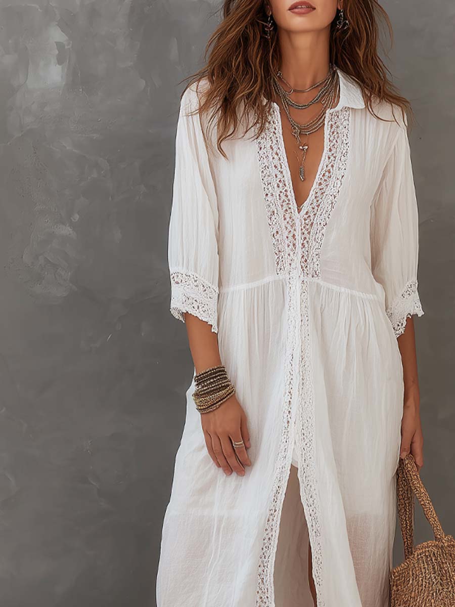 Vintage Lace-trimmed Cotton Linen Shirt Midi Dress