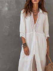 Vintage Lace-trimmed Cotton Linen Shirt Midi Dress