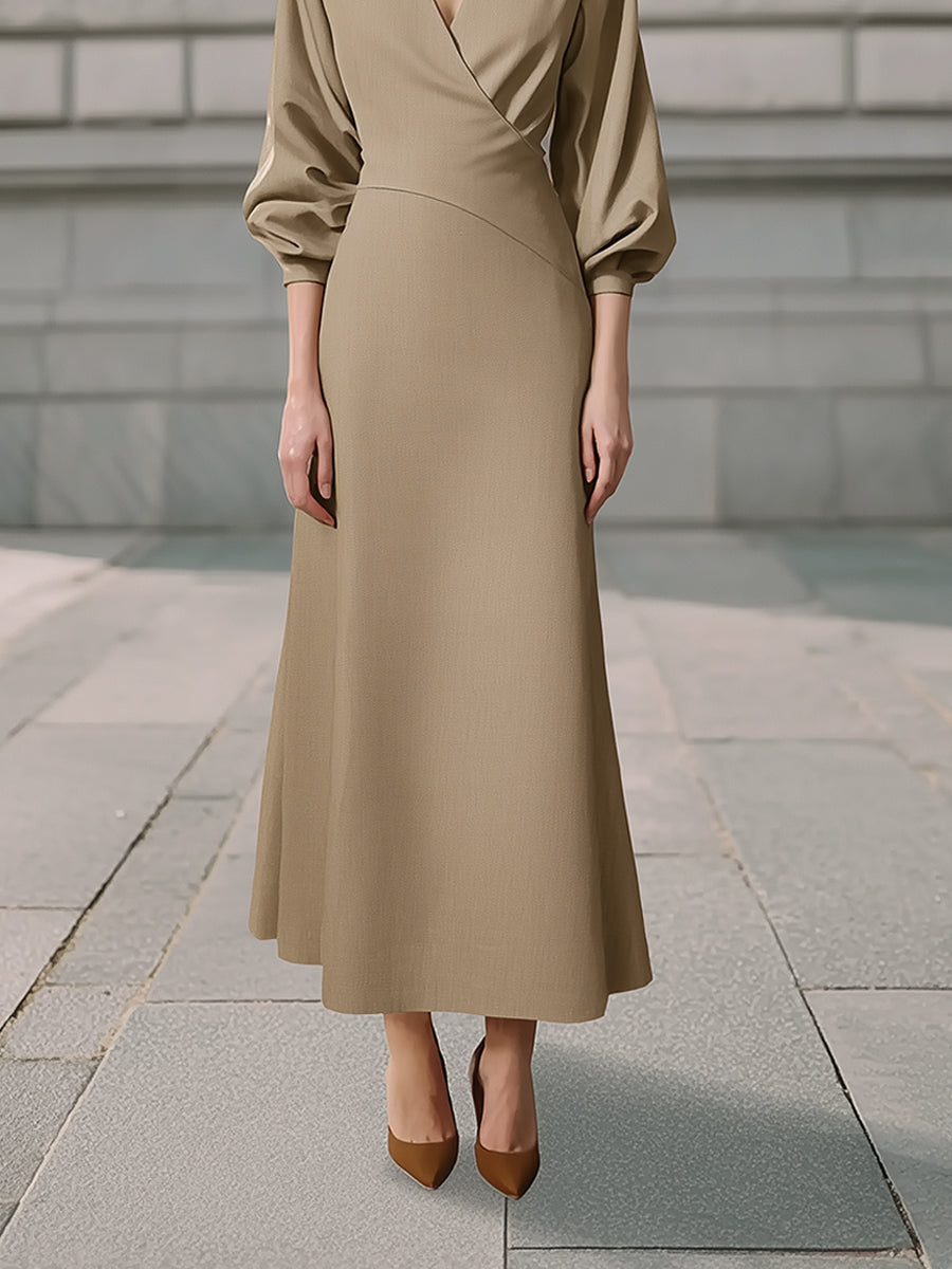 Minimalist Camel Wrap Collar Wool Blend Maxi Dress