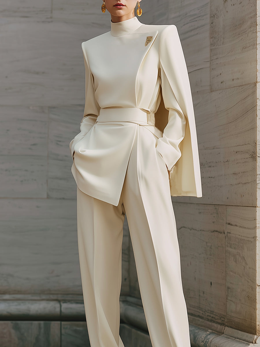 Androgynous Chic Cape Sleeves Diagonal Placket Straight Jumpsuit With Belt