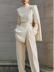 Androgynous Chic Cape Sleeves Diagonal Placket Straight Jumpsuit With Belt
