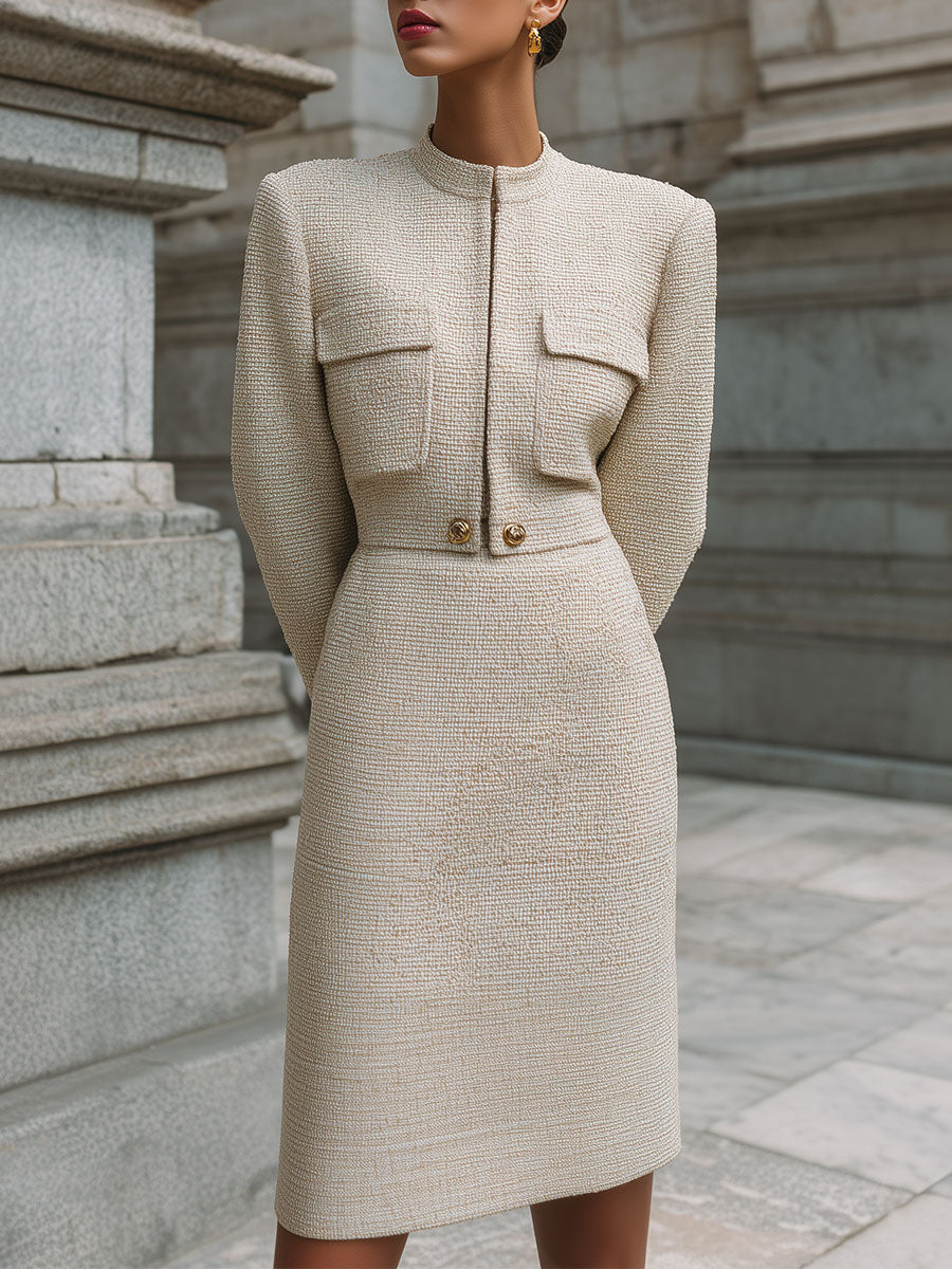 Stylish Minimalist Stand-collar Tweed Short Jacket & Straight Skirt Set