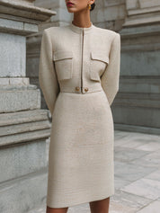 Stylish Minimalist Stand-collar Tweed Short Jacket & Straight Skirt Set