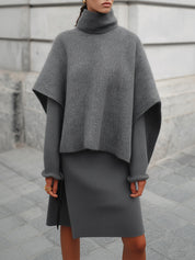 Stylish Turtleneck Cape Sweater & Earring Cuffs And Hem Slit Mini Dress Set