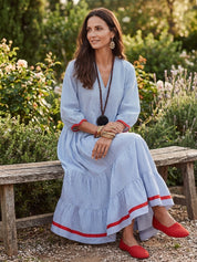 Nautical Chic Textured Cotton V-Neck Ruffle-Tiered Blue & White Midi Dress
