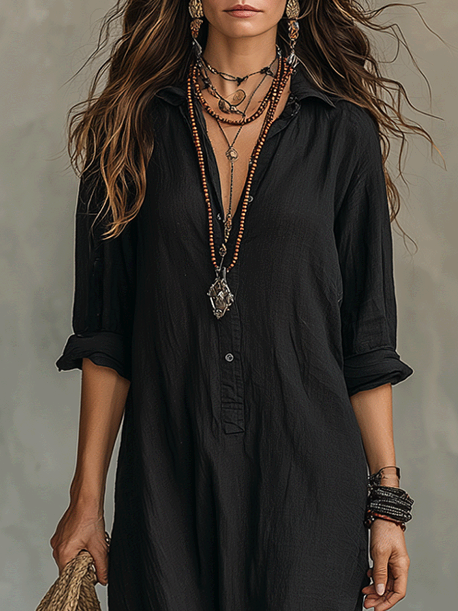 Relaxed Black Bohemian Button-Front Maxi Shirt Dress | Gloeria GLOERIA Relaxed Black Bohemian Button-Front Maxi Shirt Dress | Gloeria GLOERIA