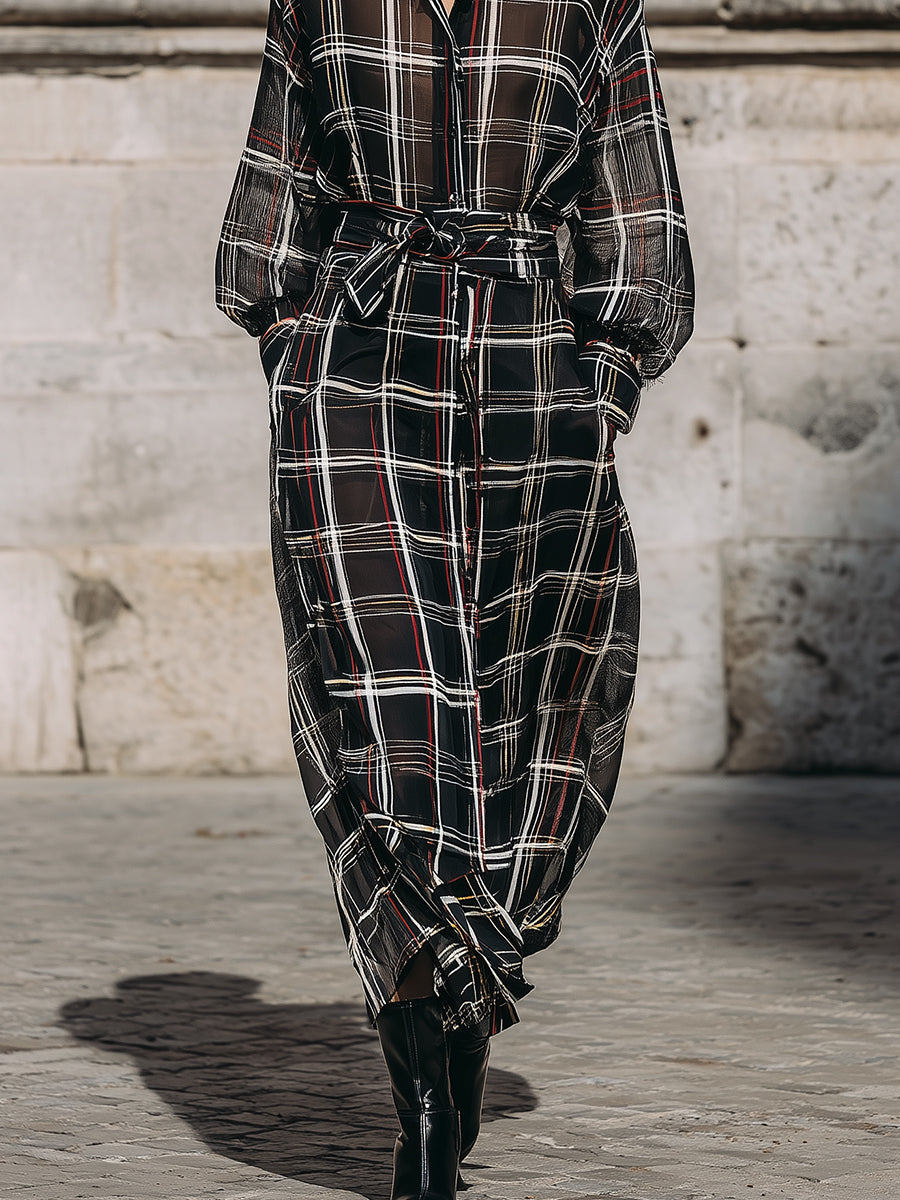 Unique Design Large Plaid Chiffon Print Midi Dress Including Belt And Suspenders