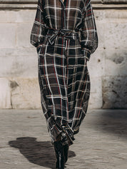 Unique Design Large Plaid Chiffon Print Midi Dress Including Belt And Suspenders