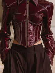 Deconstructed Eco-friendly Patent Leather Tapered Hem Slim Fit Jacket
