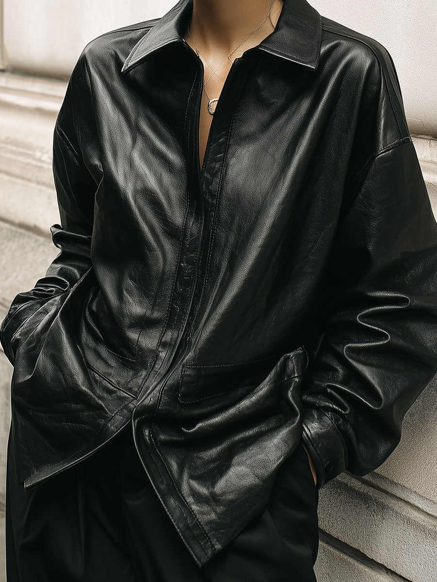 Neutral Style Minimalist Off-shoulder Eco-friendly Leather Blouse