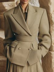 Androgynous Chic Lapel Woolen Double-breasted Blazer With Belt