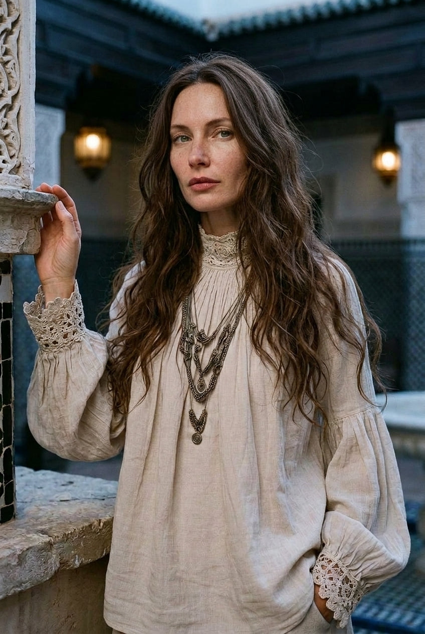 Lace-trimmed Pleated Cotton Linen Blouse