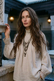 Lace-trimmed Pleated Cotton Linen Blouse