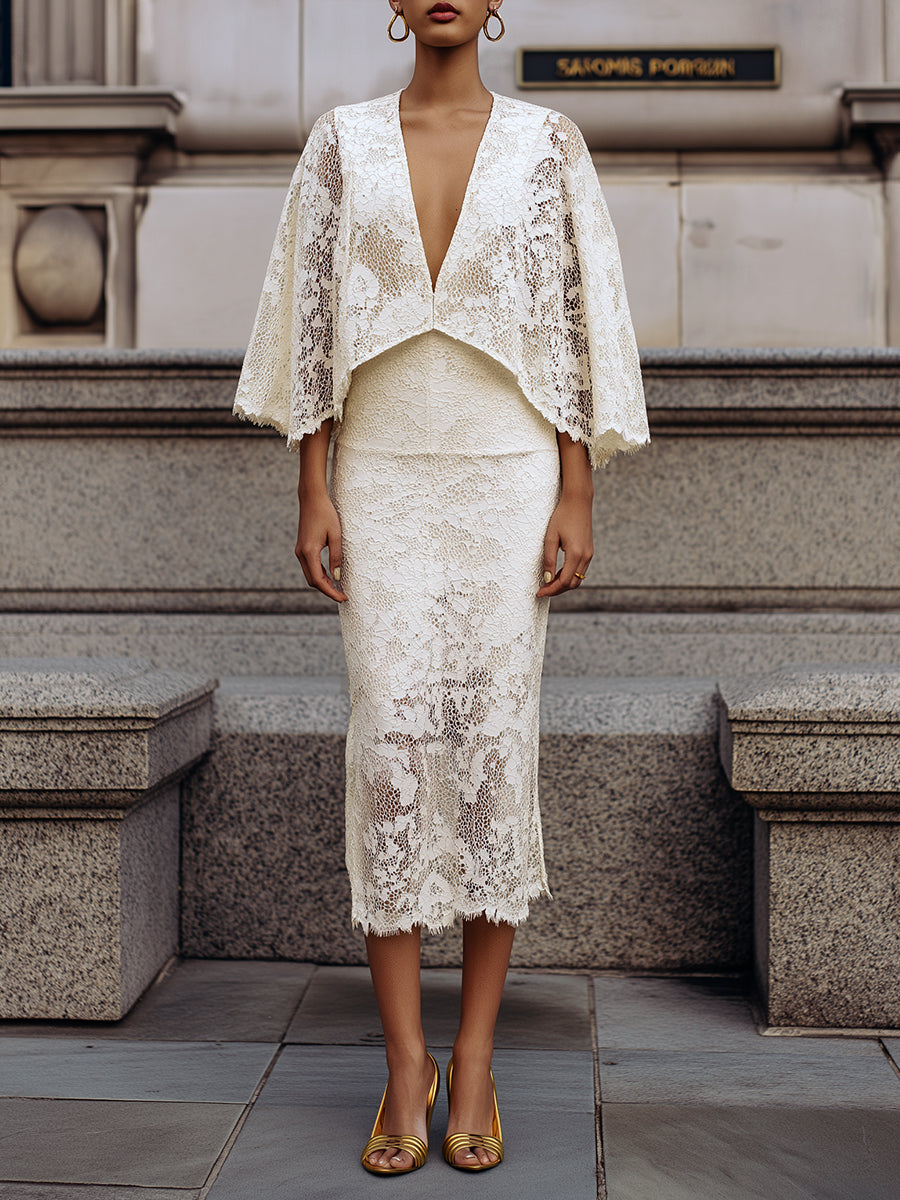 Quiet Luxury Soft Elegance Ivory Lace Cape Midi Dress