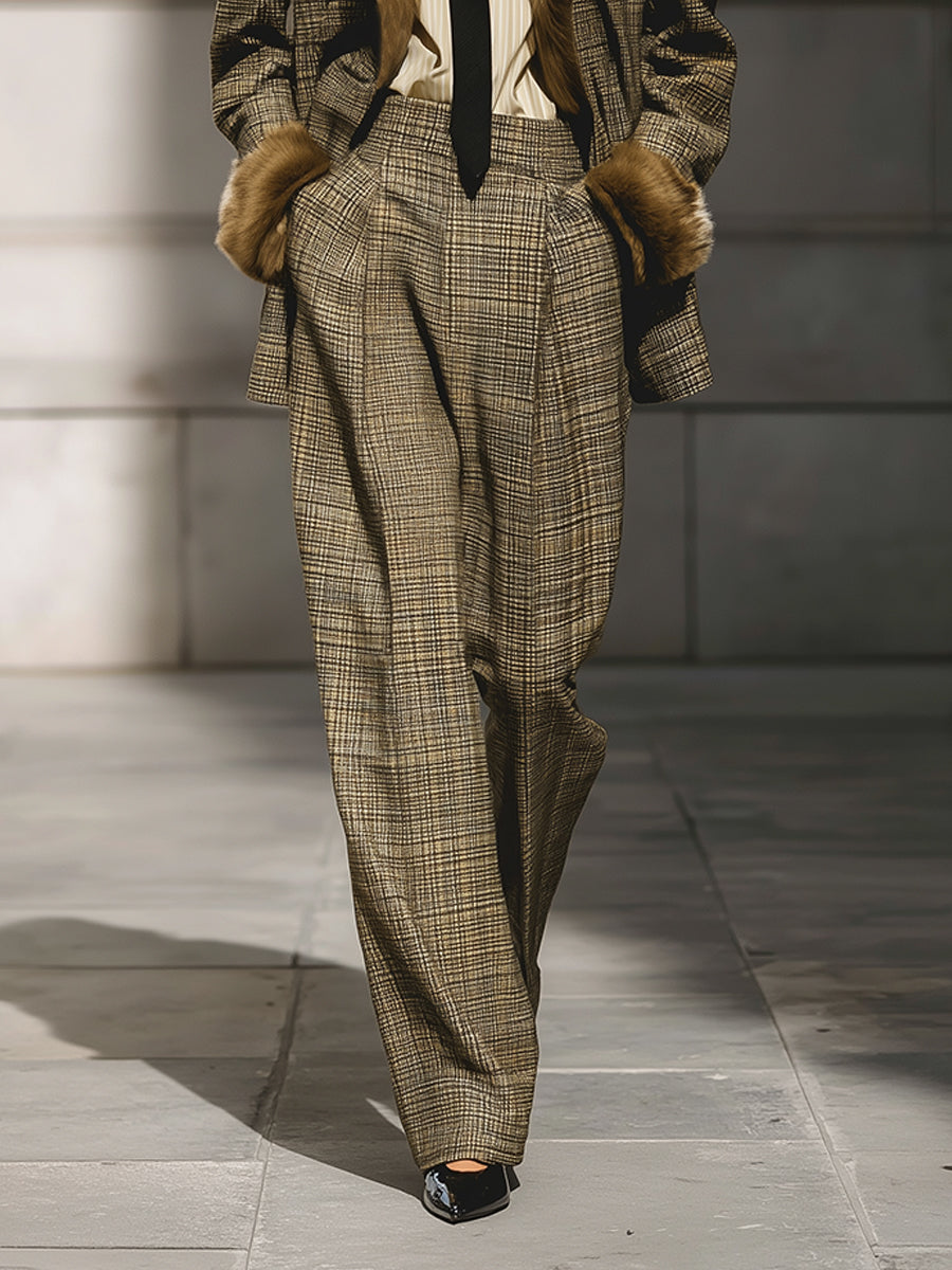 Old Money Fine Plaid Wool Imitation Fur Lapel Blazer & Pinch Pleated Straight Pants Set