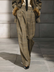 Old Money Fine Plaid Wool Imitation Fur Lapel Blazer & Pinch Pleated Straight Pants Set