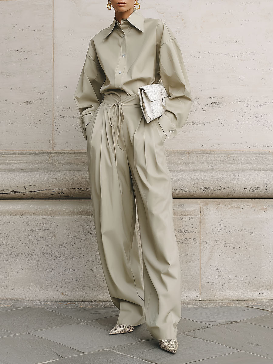 Minimalist Drop Shoulder Blouse & Pleated Waist Strapped Straight Pants Set
