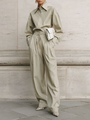 Minimalist Drop Shoulder Blouse & Pleated Waist Strapped Straight Pants Set