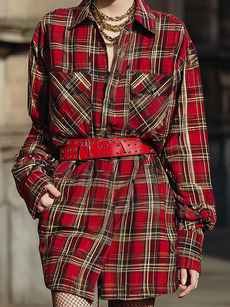 Fashionable Plaid Printed Single-breasted Cotton Shirt Mini Dress