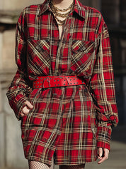 Fashionable Plaid Printed Single-breasted Cotton Shirt Mini Dress