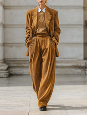 Old Money Corduroy Lapel Blazer & Pleated Waist Loose Wide Leg Pants Set