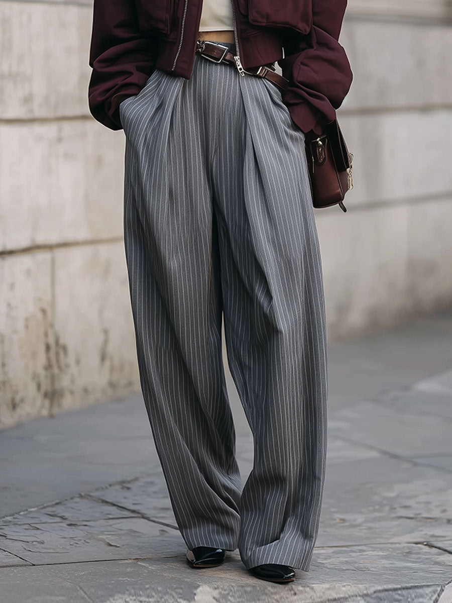 Minimalist Striped Pleated Suit Carrot Pants