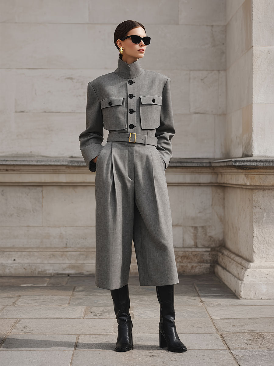 90s Minimalist Stand-up Collar Shoulder Padded Jacket & Loose Capri Pants Set