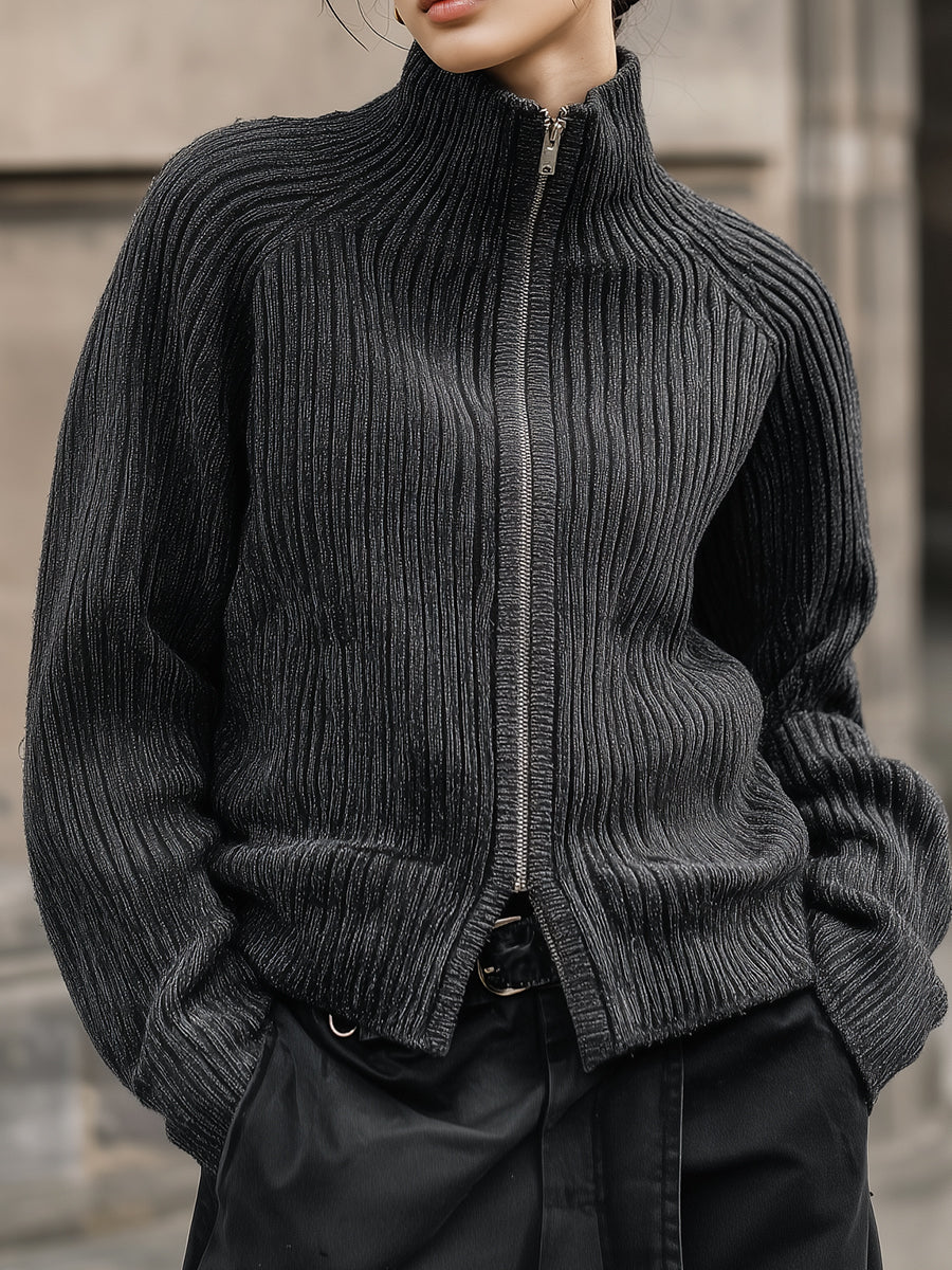 90s Minimalism Revival Slim-fit Front Raglan Sleeves Zip-up Turtleneck Knitted Cardigan