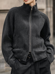 90s Minimalism Revival Slim-fit Front Raglan Sleeves Zip-up Turtleneck Knitted Cardigan