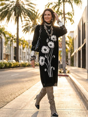 Quiet Luxury Soft Knit Oversized-Fit Black Floral Jacquard Tunic Dress