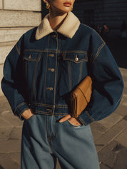 Minimalist Stand-up Collar Denim Sherpa Collar Splicing Cropped Boxy Jacket