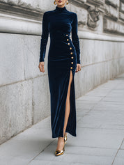 Minimalist Luxury High-Slit Corduroy Dress With Gold Button Detailing