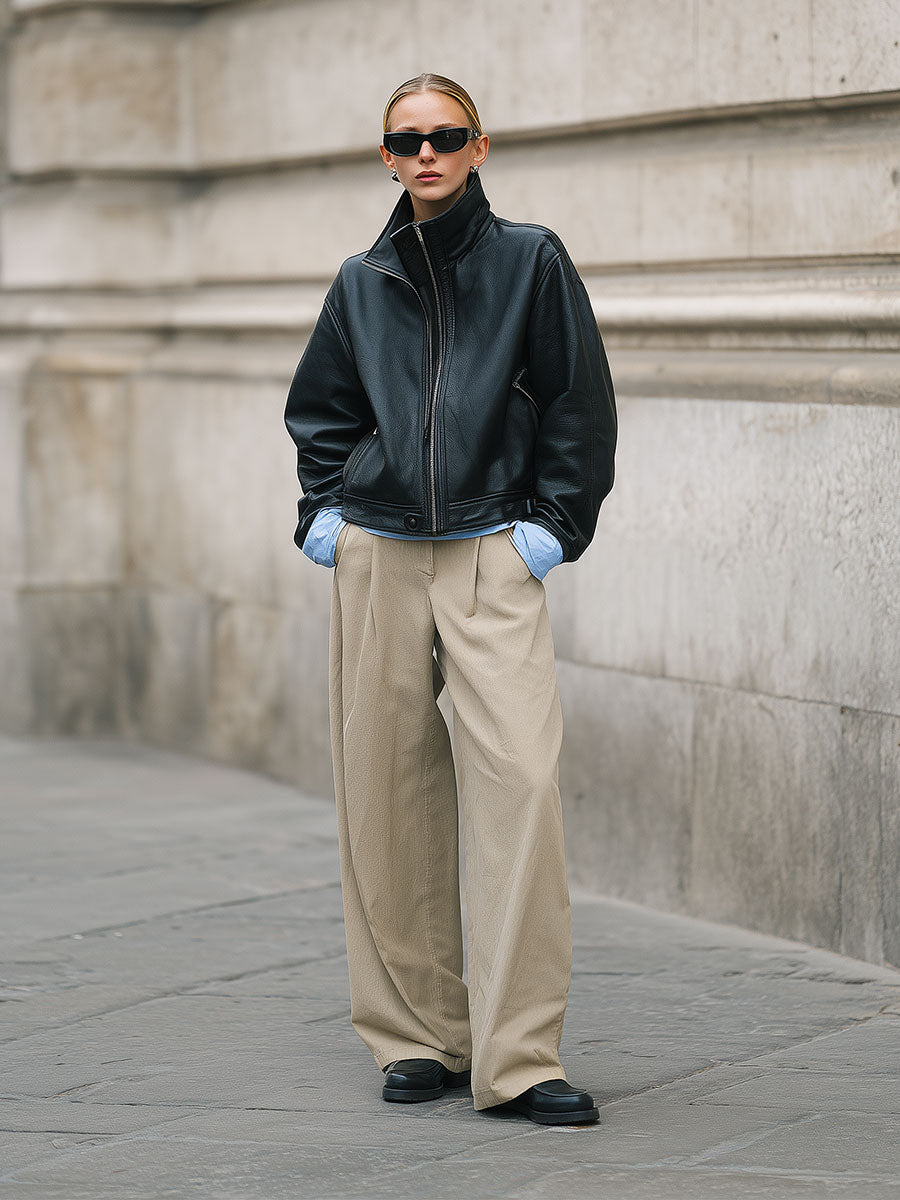 Simple Pure Cotton Pleated Wide-leg Straight Pants