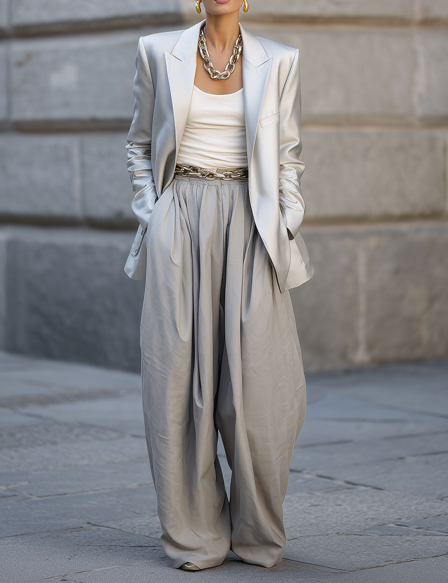 Minimalist Lapel Shoulder Pad Metallic Texture Blazer