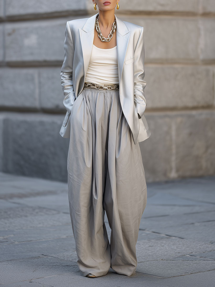 Minimalist Lapel Shoulder Pad Metallic Texture Blazer