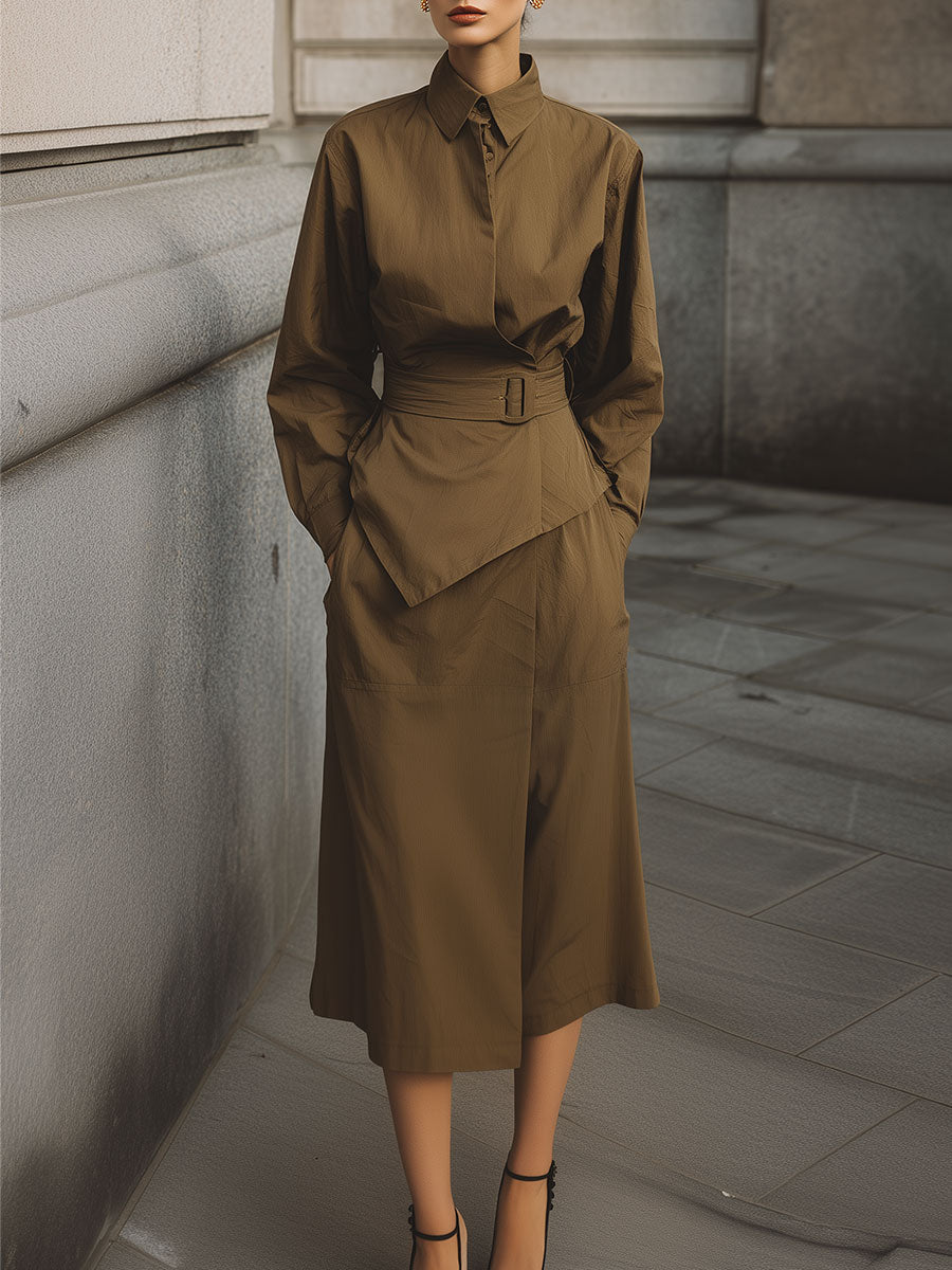 Casual Minimalist Irregular Hem Blouse & Front Slit Skirt Set