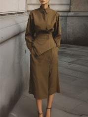 Casual Minimalist Irregular Hem Blouse & Front Slit Skirt Set