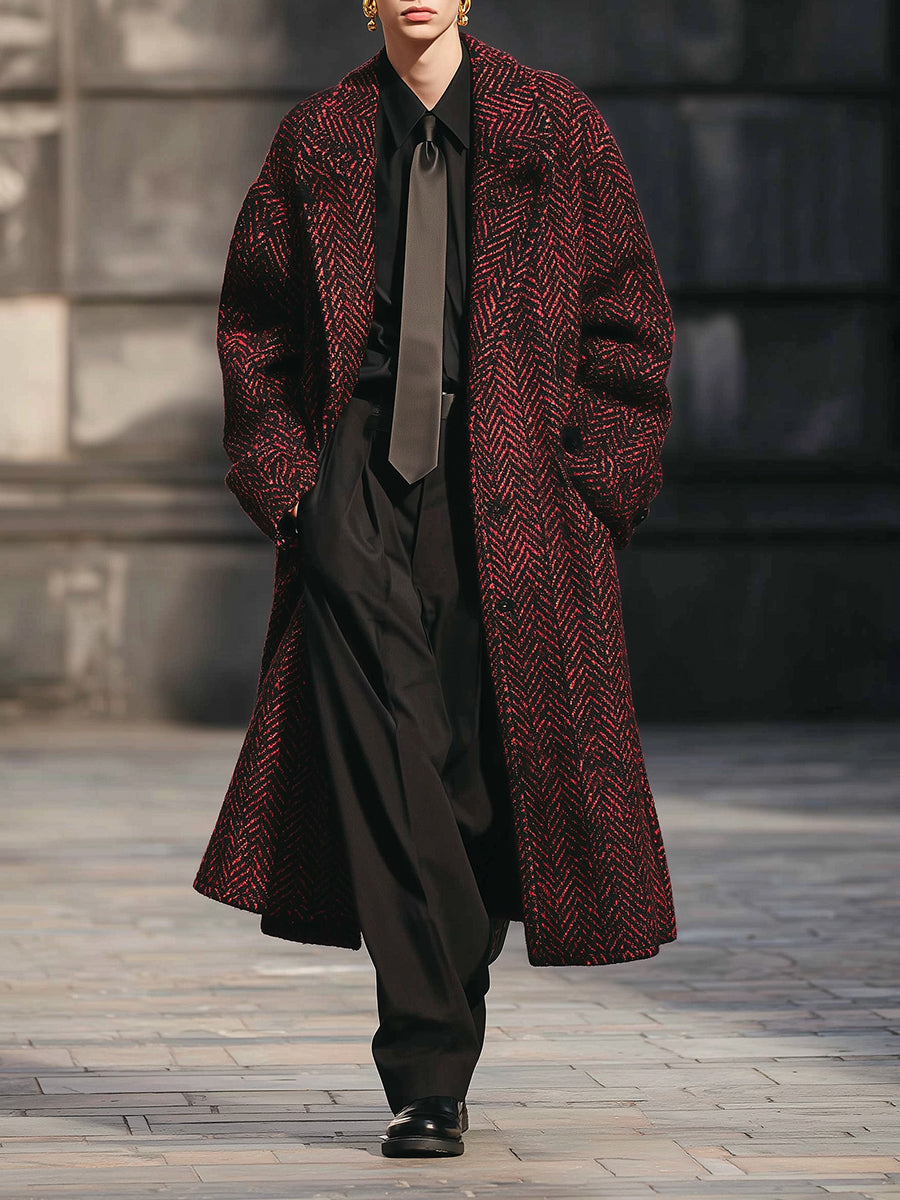 Retro Herringbone Wool Oversized Off-shoulder Mid-length Coat