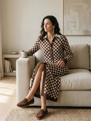 Checkered Print Long Sleeve Button-Up Knit Maxi Cardigan Dress