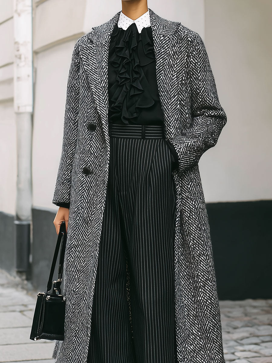 Minimalist Dropped Shoulder Tweed Lapel Mid-length Coat