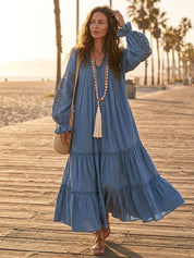 Chic Textured Cotton Split-Neck Tiered Flowy Chambray Blue Maxi Dress