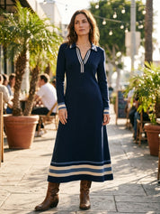 Chic Ribbed-Knit Contrast-Stripe Navy Blue Sweater Maxi Dress