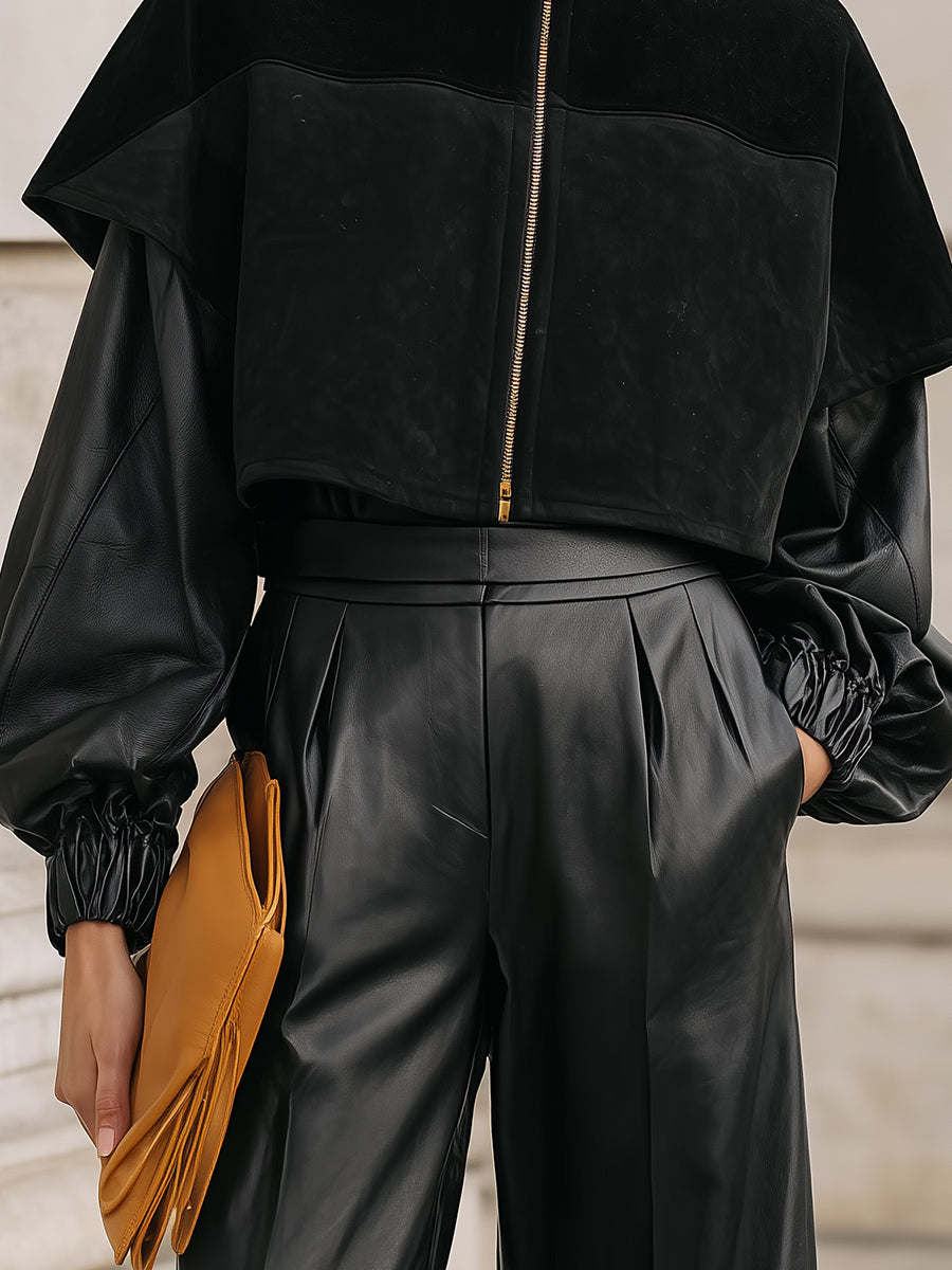Old Money Suede & Eco-leather Spliced stand Collar Cape Sleeve Jacket