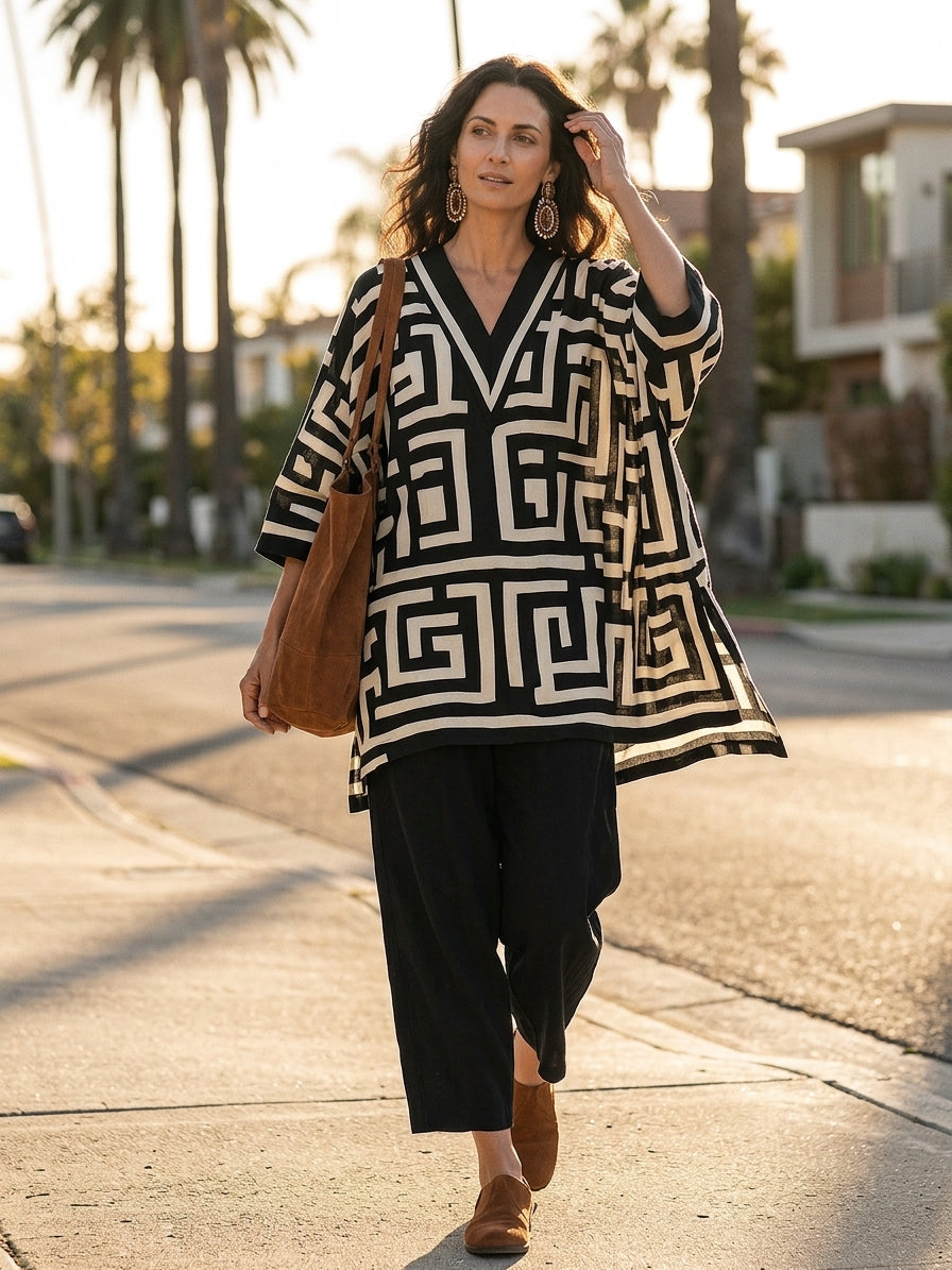 Artisan Cotton Blend Oversized-Fit Monochrome Pattern Poncho Blouse And Pant Set