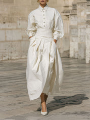 Stylish Off-shoulder Pearl Button Cotton Blouse & Deconstructed Pleated Skirt Set