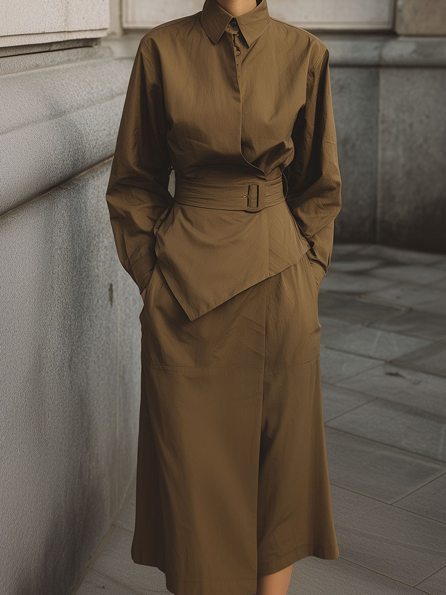 Casual Minimalist Irregular Hem Blouse & Front Slit Skirt Set